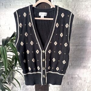 Silvercora Vintage Black and Cream Southwestern Tribal Cardigan Sweater Vest M